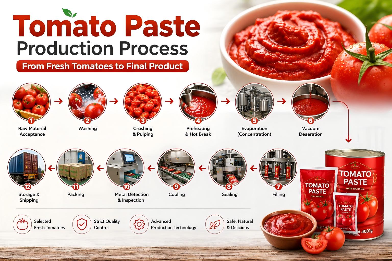 Proceso de producción de pasta de tomate: desde los tomates frescos hasta el producto final.