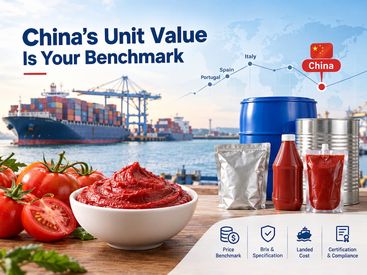 Precio de la pasta de tomate en China en 2026: Valores unitarios de exportación en comparación con Italia, España y Chile.